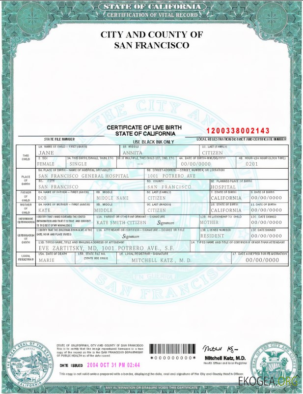 Modèle de certificat de naissance de l'État de Californie aux États Unis au format PSD
